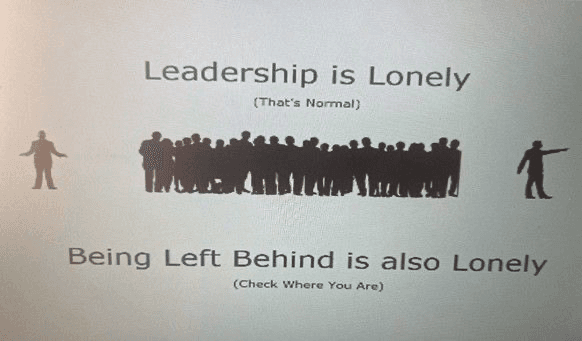 A photograph of the original mentoring slide, in grayscale silhouette: a lone figure stands at the left with arms open, a large tightly-packed crowd fills the middle, and a lone figure at the right points forward. The heading above reads “Leadership is Lonely (That's Normal)” and the line below reads “Being Left Behind is also Lonely (Check Where You Are)”.