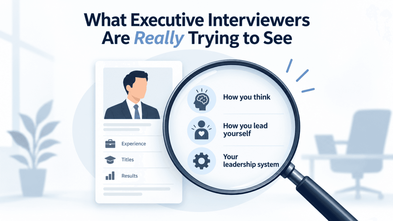 Article cover illustration titled “What Executive Interviewers Are Really Trying to See.” A resume card showing a candidate's photo and the labels Experience, Titles, and Results sits on the left, while a large magnifying glass held over it reveals three different things instead: “How you think” (a head with a brain icon), “How you lead yourself” (a figure with a heart icon), and “Your leadership system” (a gear icon).